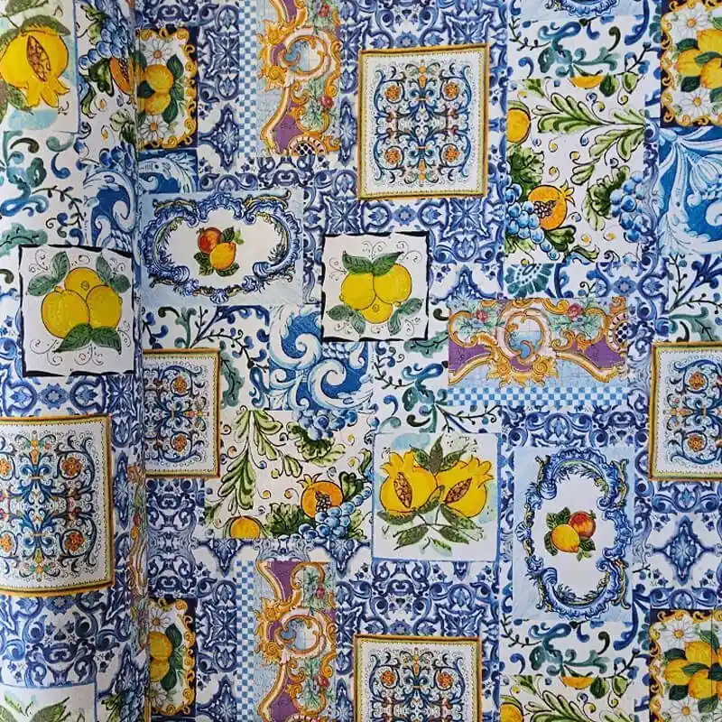 Ocasión Especial Tela de Loneta Half Panamá Blanca Azulejos Azules Algodón (ancho 2,80M)