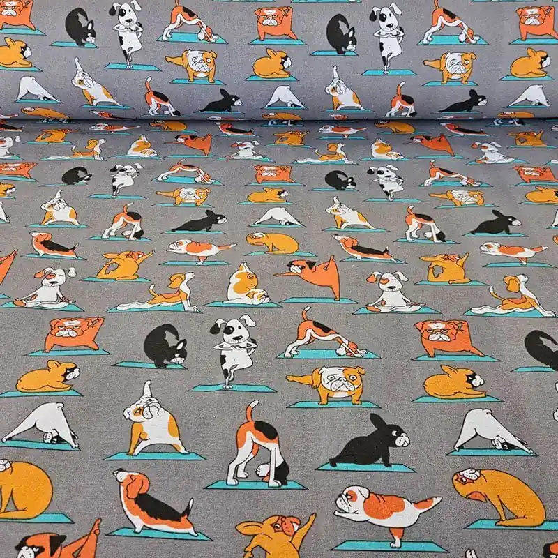 Más Vendido Tela de Loneta Gris Estampada con Perros Yoga (ancho 2,80M)