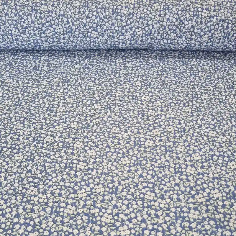 Pedido Al Por Mayor Tela de Popelín Azul 100% Algodón Flores Crudas (ancho 1,50M)