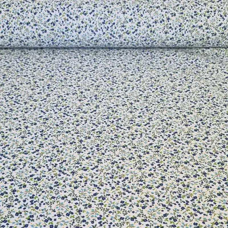 Tela de Popelín Blanca 100% Algodón Flores Azules (ancho 1,50M) Promoción Exclusiva