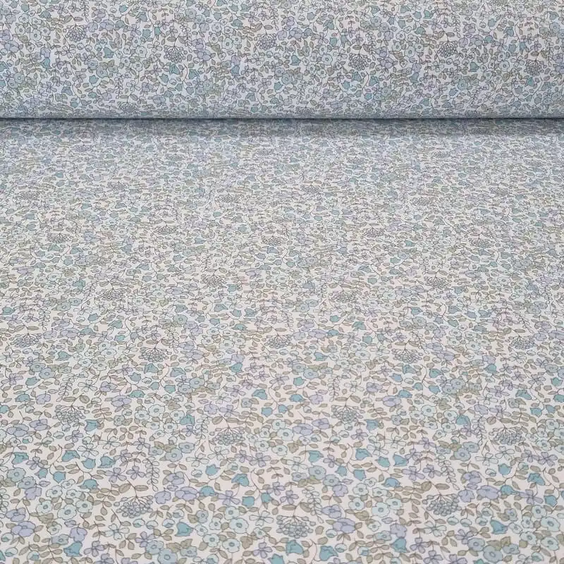 Tela de Popelín Blanca 100% Algodón Flores Celestes (ancho 1,50M) Nuevo Modelo