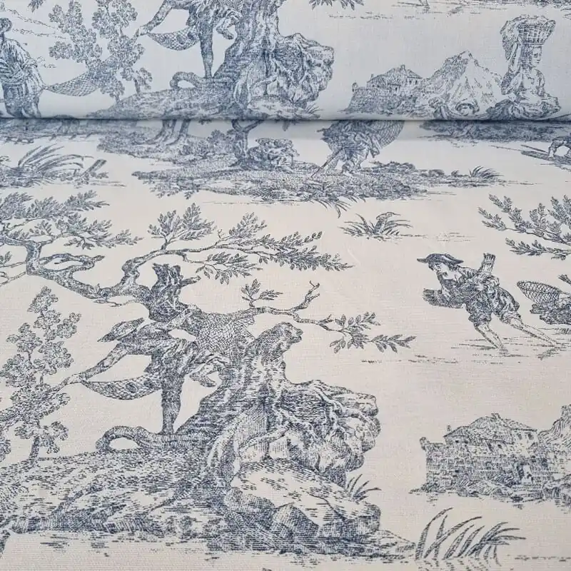 Tela de Loneta Half Panamá Cruda Toile de Jouy Azulina 100% Algodón (ancho 2,80M) Oferta Flash