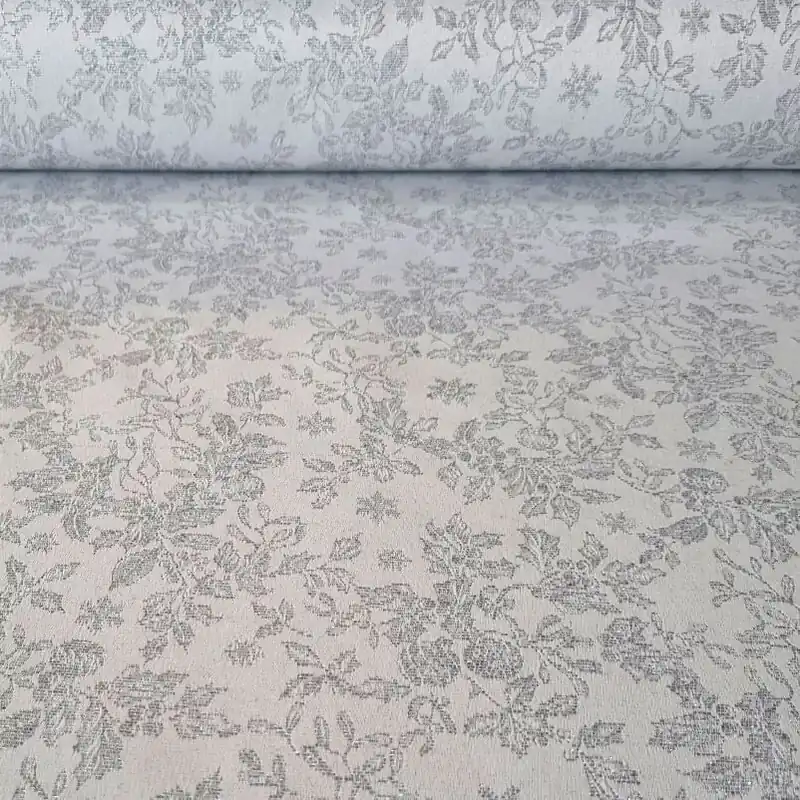Lujoso Tela de Mantelería Gris Claro Lurex Plata Hojas Navideñas (ancho 2,80M)