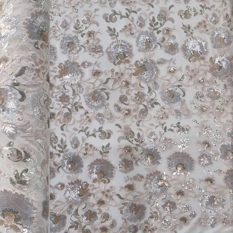 Tela de Tul Marfil con Flores en Lentejuelas (Ancho 1,65M) Auténtico