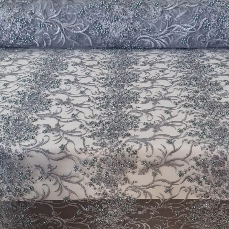 Tela de Tul Gris Azulado Bordada con Pedrería y Blondas (Ancho 1,32M) Gran Oferta