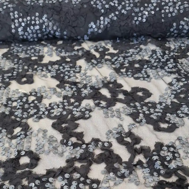 Lujoso Tela de Tul Negra con Lentejuelas Grises (Ancho 1,45M)