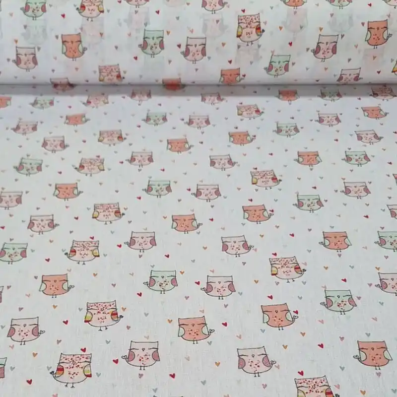 Tela de Popelín 100% Algodón Búhos Blanca (ancho 1,40M) Oferta Especial