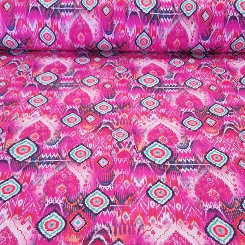 Tela de Popelín Fucsia 100% Algodón Estampado Ikat (ancho 1,50M) Precio Bajo