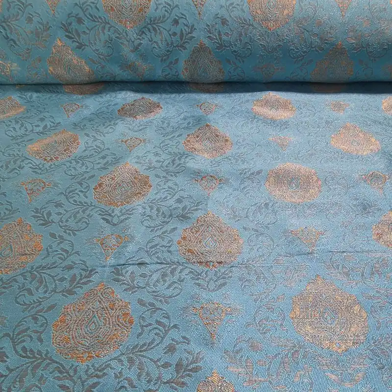Tela de Jacquard Celeste con Damasco Dorado Reversible (ancho 1,55M) Envío Internacional