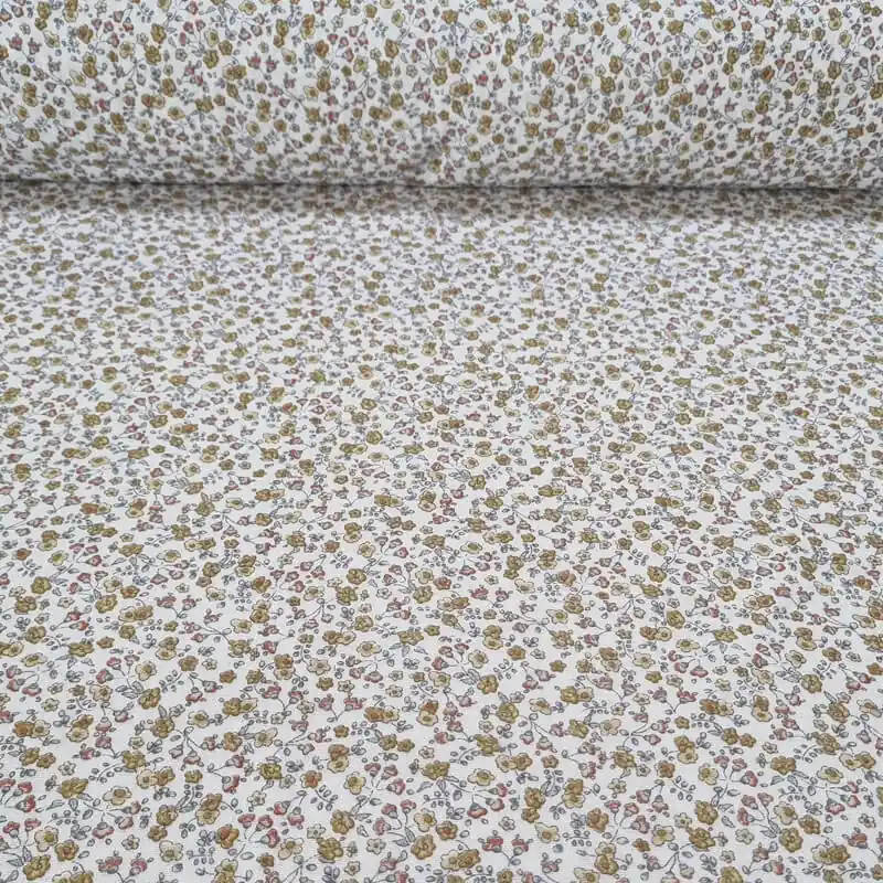 Entrega Rápida Tela de Doble Gasa Bambula Cruda Flores Mostaza (ancho 1,30M)