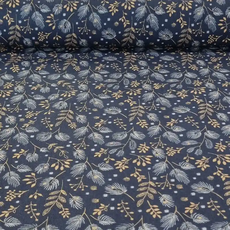 Hecho A Mano Tela de Loneta Mantelería Antimanchas Marino Hojas (ancho 1,40M)