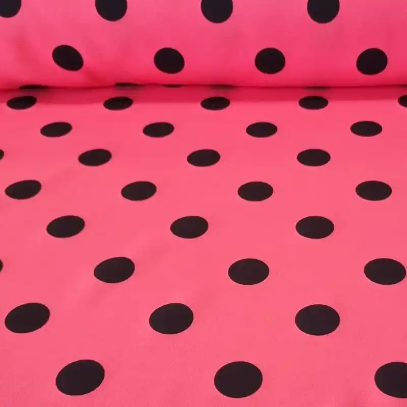 Oferta Tela Bielástica Coral con Lunares Negros de 3cm (ancho 1,50M)