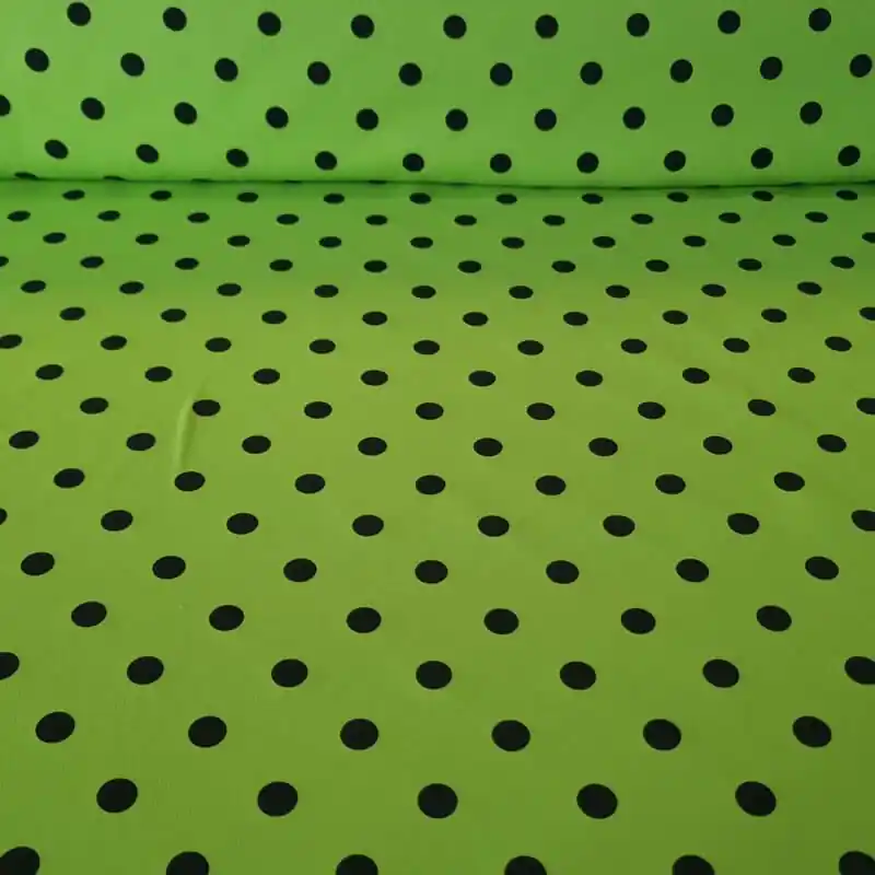 Nuevo Modelo Tela Bielástica Verde Pistacho con Lunares Negros de 1,5cm (ancho 1,50M)