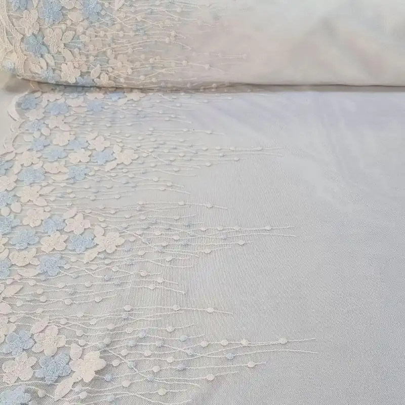 Tela de Tul Cruda Bordada Celeste Terminación Blondas Efecto Espejo (ancho 1,45M) Garantía De Devolución De Dinero