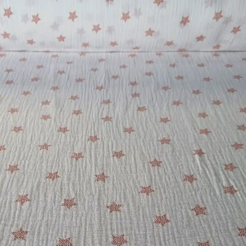 Tela de Doble Gasa Bambula Blanca Estrellas Naranjas (ancho 1,45M) Descuento