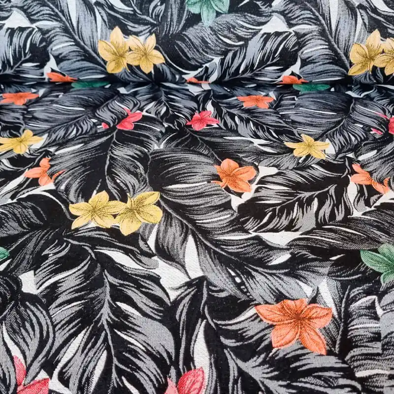 Tela de Gobelino Estampada Plumas Negras y Grises con Flores Hawaianas (ancho 2,80M) Nueva Colección