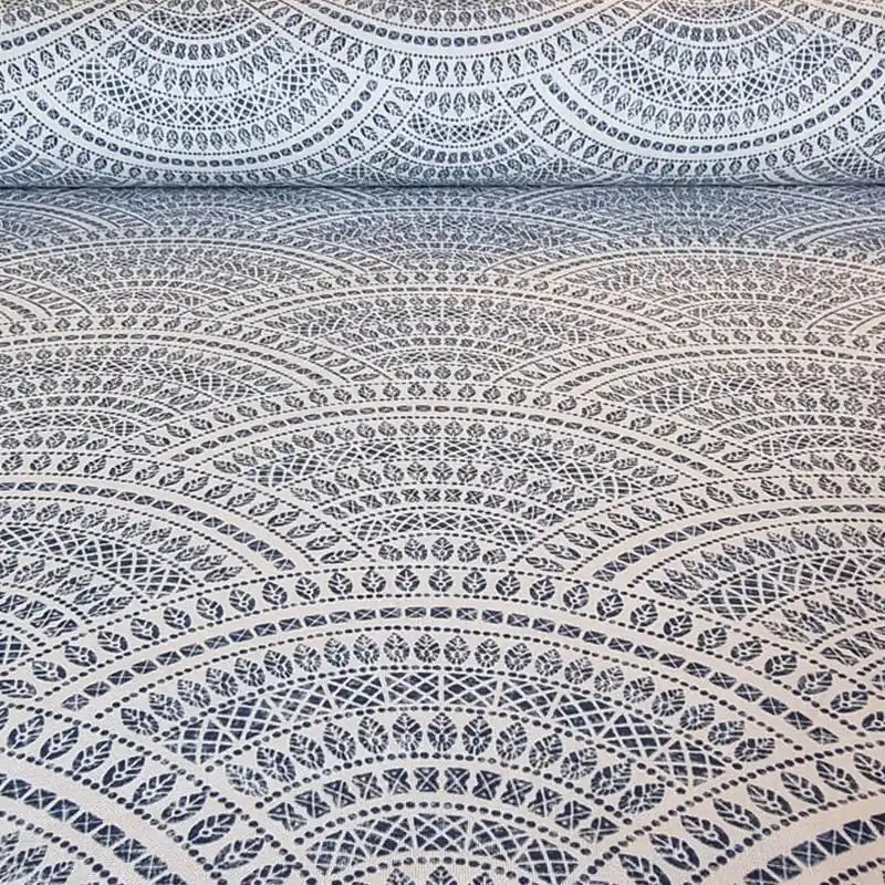 Novedad Tela de Loneta Blanca Estampada con Abanicos Azules (ancho 2,80M)