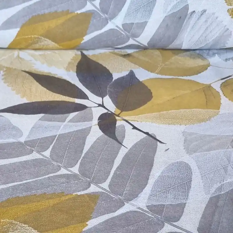 Oferta Limitada Tela de Loneta Blanca Estampada con Hojas Mostaza y Grises (ancho 2,80M)