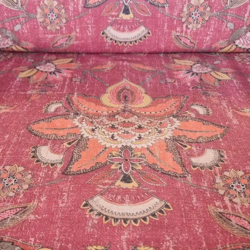 Envío Inmediato Tela de Loneta Roja desgastada Estampada con Flores (ancho 2,80M)