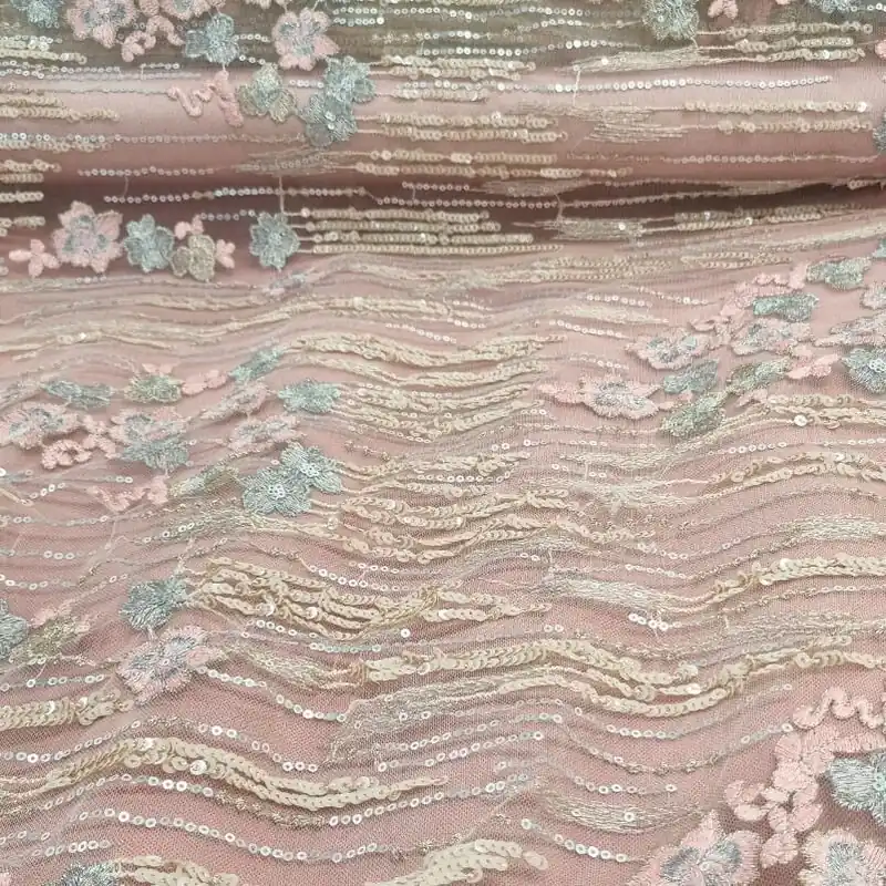 Tela de Tul de Bordados de Flores Rosas y lentejuelas (ancho 1,40M) Solo Hoy