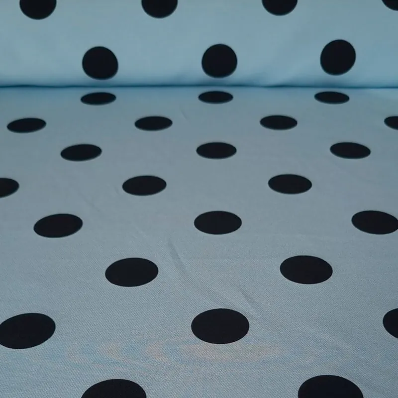 Tela Bielástica Celeste Grisáceo con Lunares Negros de 3cm (ancho 1,50M) Solo Hoy