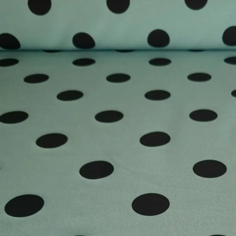 Tela Bielástica Verde Seco con Lunares Negros de 3cm (ancho 1,50M) Solo Hoy