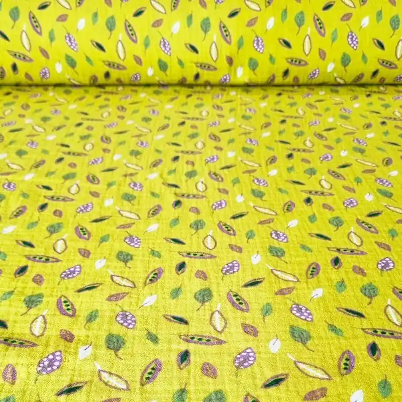 Liquidación Tela de Doble Gasa Bambula Verde Pistacho con Estampado de Hojas 100% Algodón (ancho 1,45M)