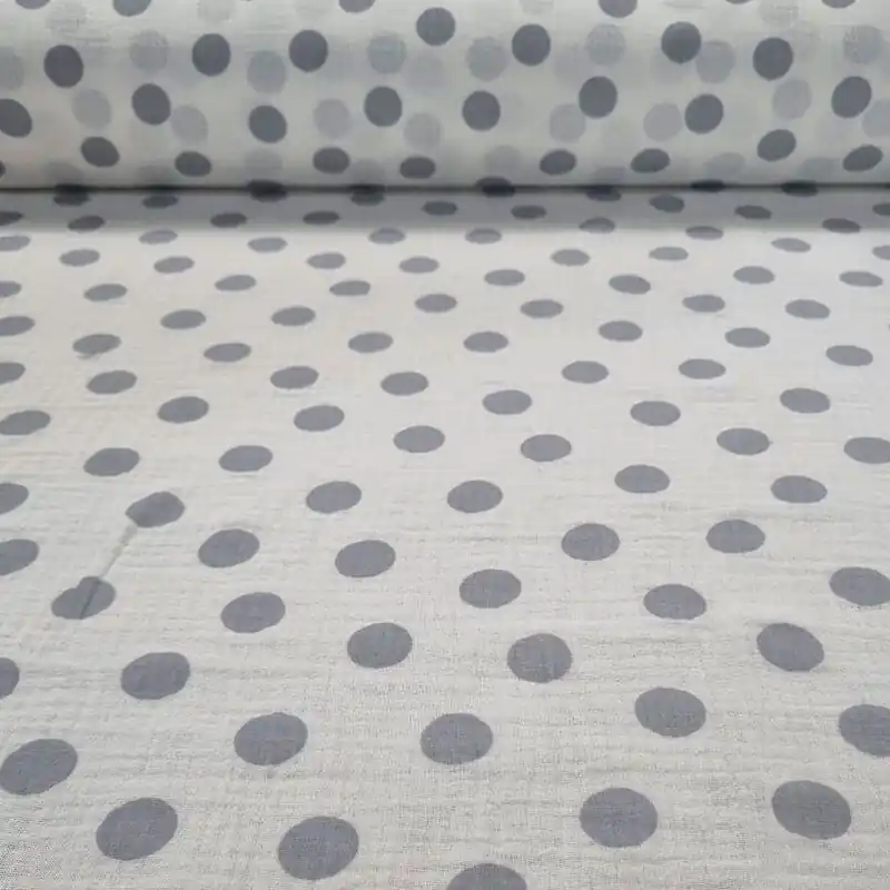 Nueva Colección Tela de Doble Gasa Bambula Estampado Lunares Grises 100% Algodón (ancho 1,45M)