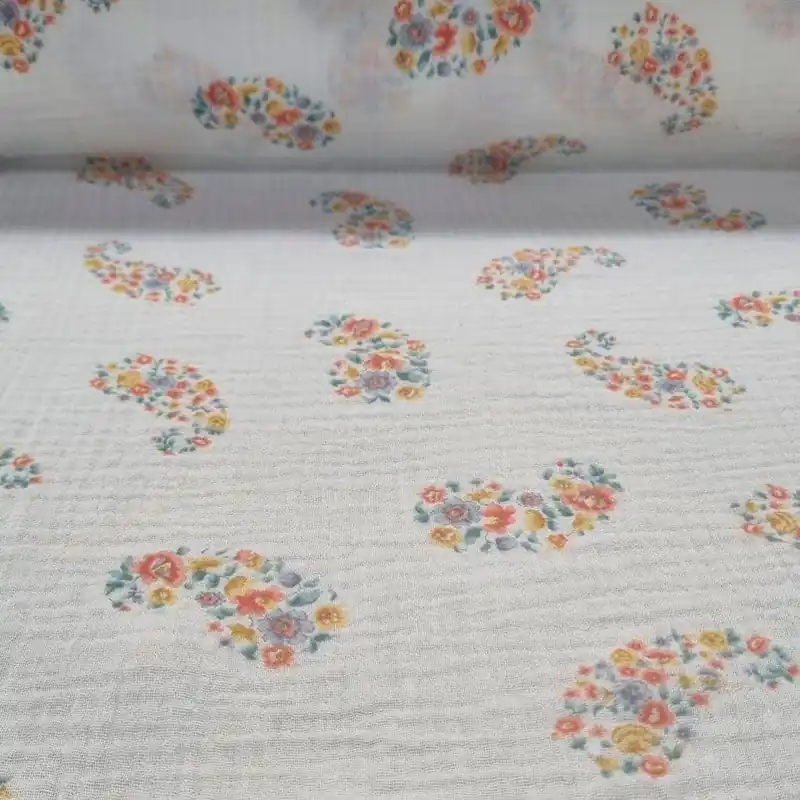 Directo De Fábrica Tela de Doble Gasa Bambula Estampada Cachemira de Flores 100% Algodón (ancho 1,45M)