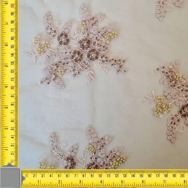 Precio De Fábrica Tela de Tul de Flores Bordadas con Pedrería color Rosa (ancho 1,30M)
