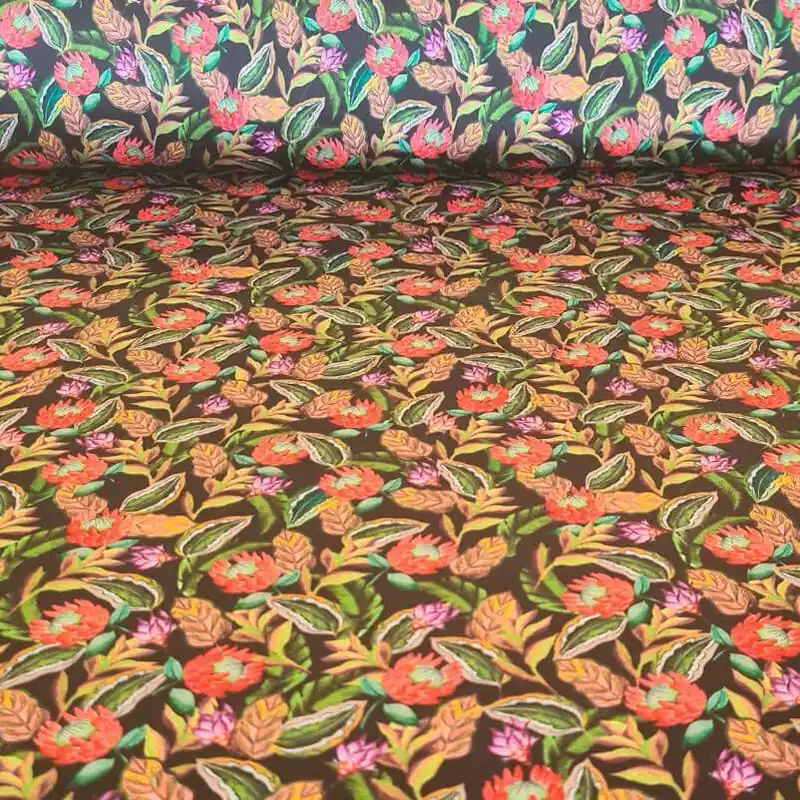 Tela de Satén Estampada Negra con Flores Multicolor (ancho 1,40M) Comprar En Línea