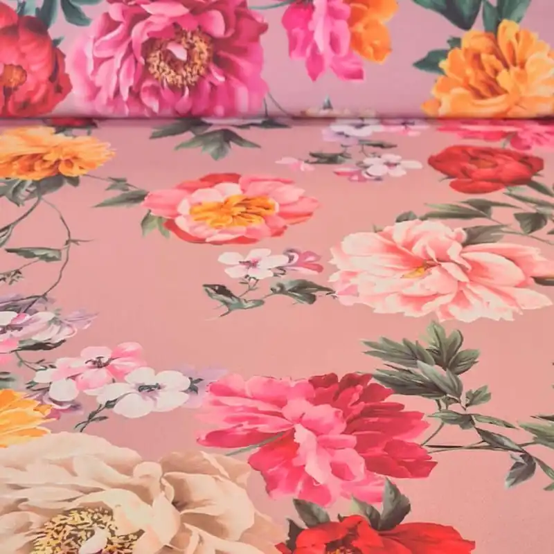 Precio De Oferta Tela Bielástica Estampado Flores Fondo Rosa Maquillaje (ancho 1,40M)