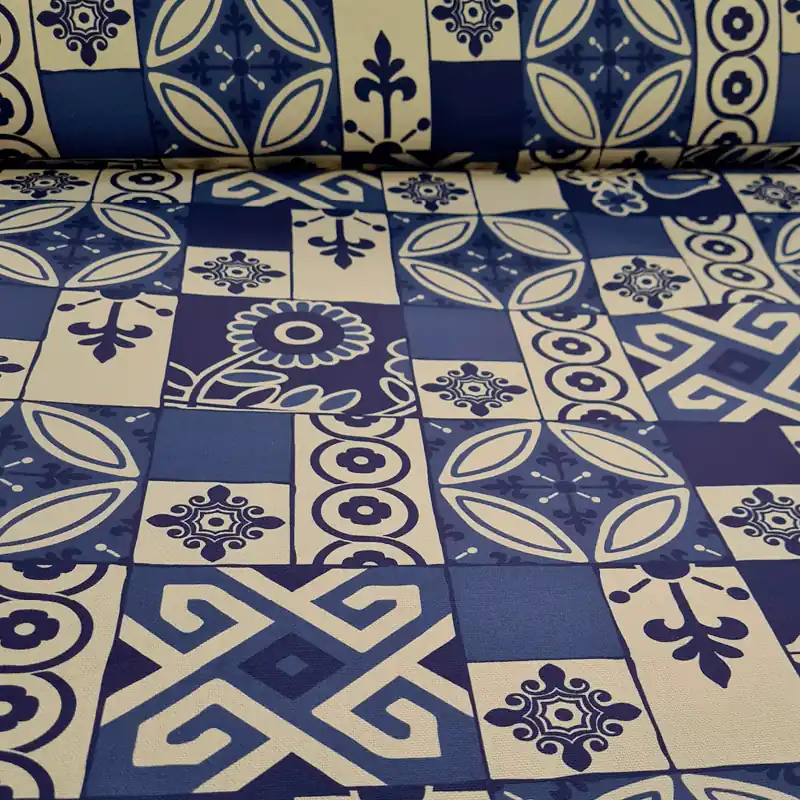 Tela de Loneta Beige Estampada con Azulejos Azules (ancho 2,80M) Oferta Flash