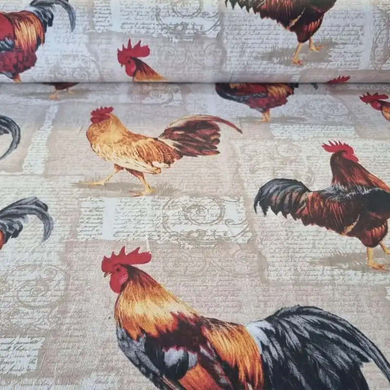 Envío Inmediato Tela de Loneta Beige Estampada con Gallos y Pergaminos (ancho 1,40M)