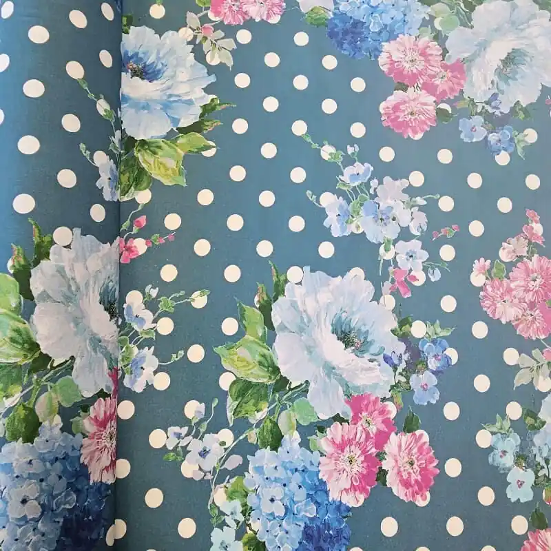 Descuento Tela de Popelín Algodón Azul Jeans Lunares y Flores (ancho 1,50M)