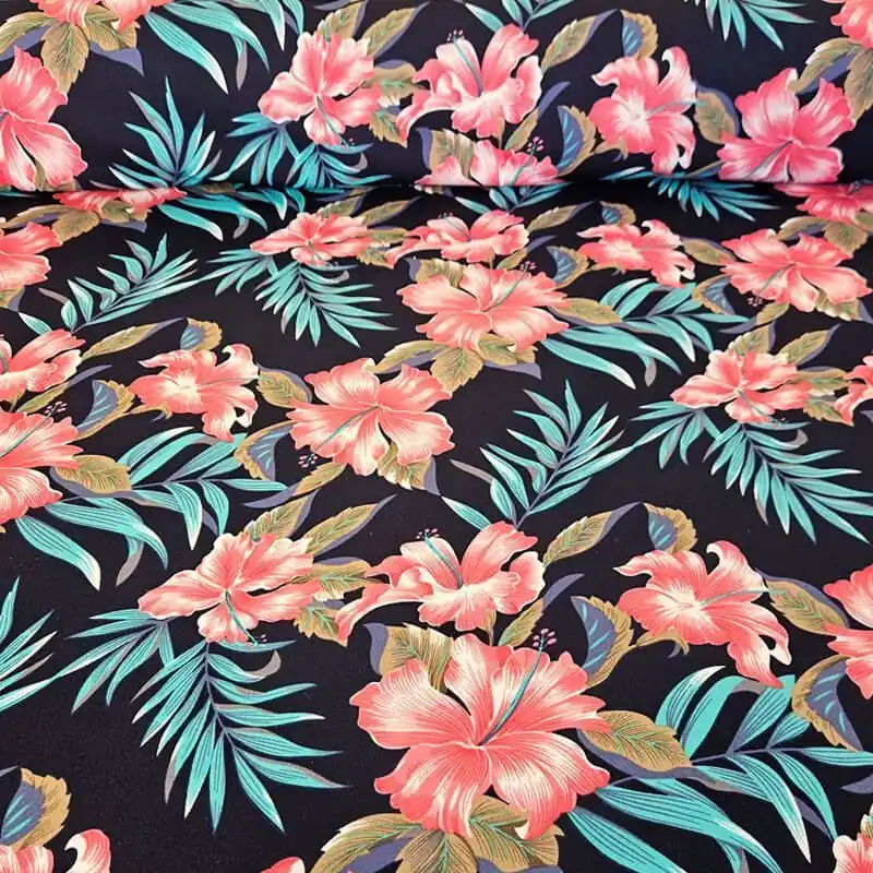 Certificado Tela de Punto Negra Flores Hawaianas Rosas (ancho 1,50M)