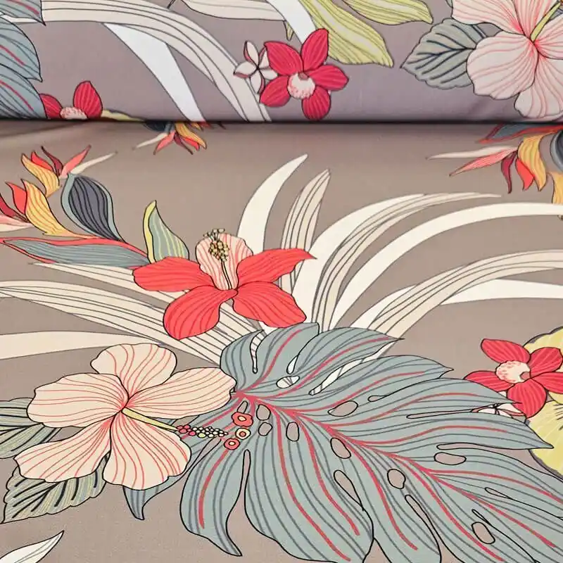 Oferta Flash Tela de Crep Taupe Estampado Flores Hawaianas (ancho 1,50M)