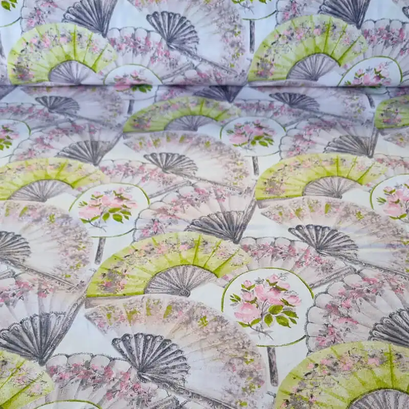 Tela de Batista 100% algodón Estampada Abanicos Verde Pistacho (ancho 1,55M) Garantía Incluida