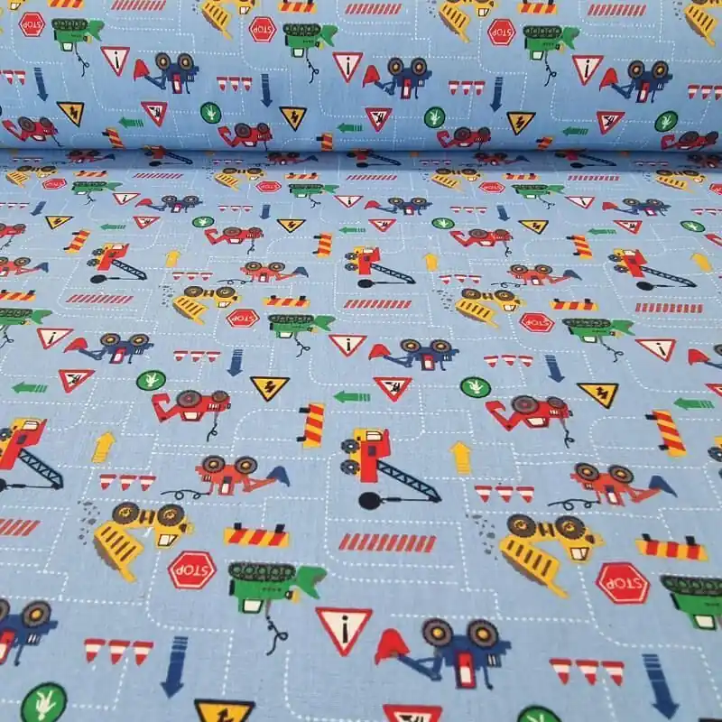 Tela de Popelín 100% Algodón Camiones Celeste (ancho 1,40M) Súper Precio