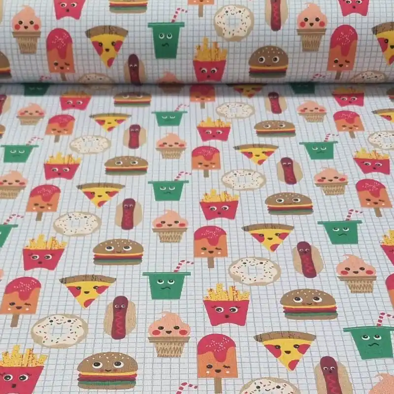 Tela de Popelín 100% Algodón Fast food Gris (ancho 1,40M) Pago Seguro