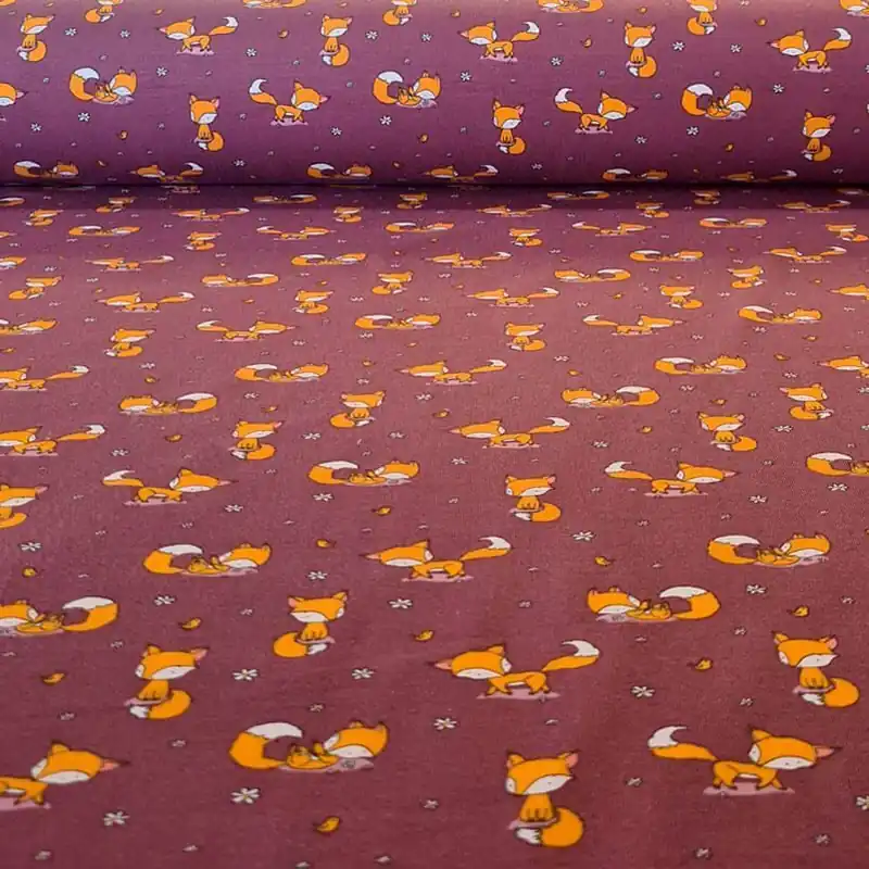 Tela de Punto de Algodón Granate con Estampado de Zorros Mostaza (ancho 1,40M) Hecho A Mano