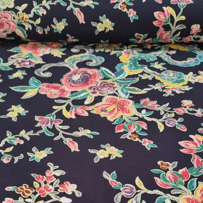 Envío Inmediato Tela de Popelín Algodón Negra de Flores (ancho 1,50M)