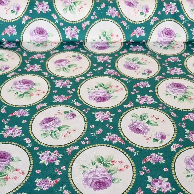 Nueva Colección Tela de Popelín Algodón Verde Esmeralda Medallones Flores (ancho 1,50M)