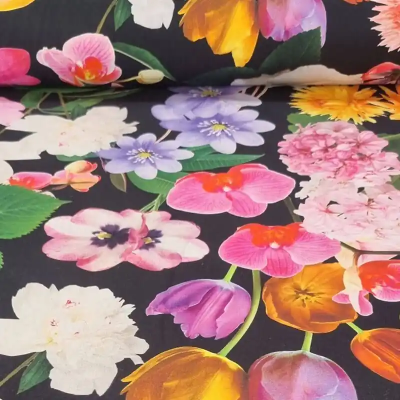 Envío Internacional Tela de Popelín Algodón Negra Flores (ancho 1,50M)