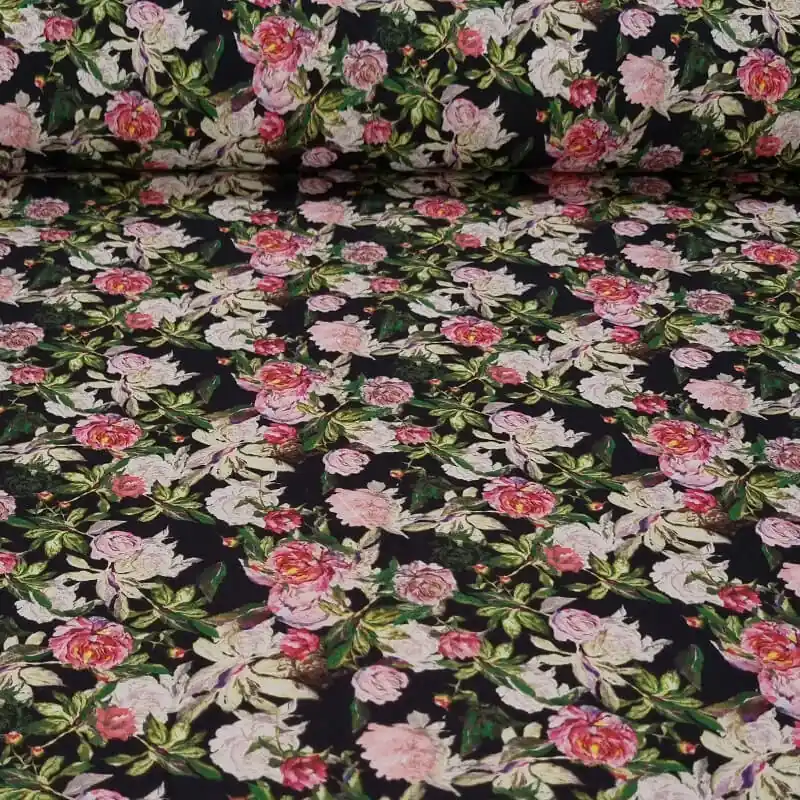 Tela de Popelín Algodón Negra Flores Rosas (ancho 1,50M) Hecho A Mano