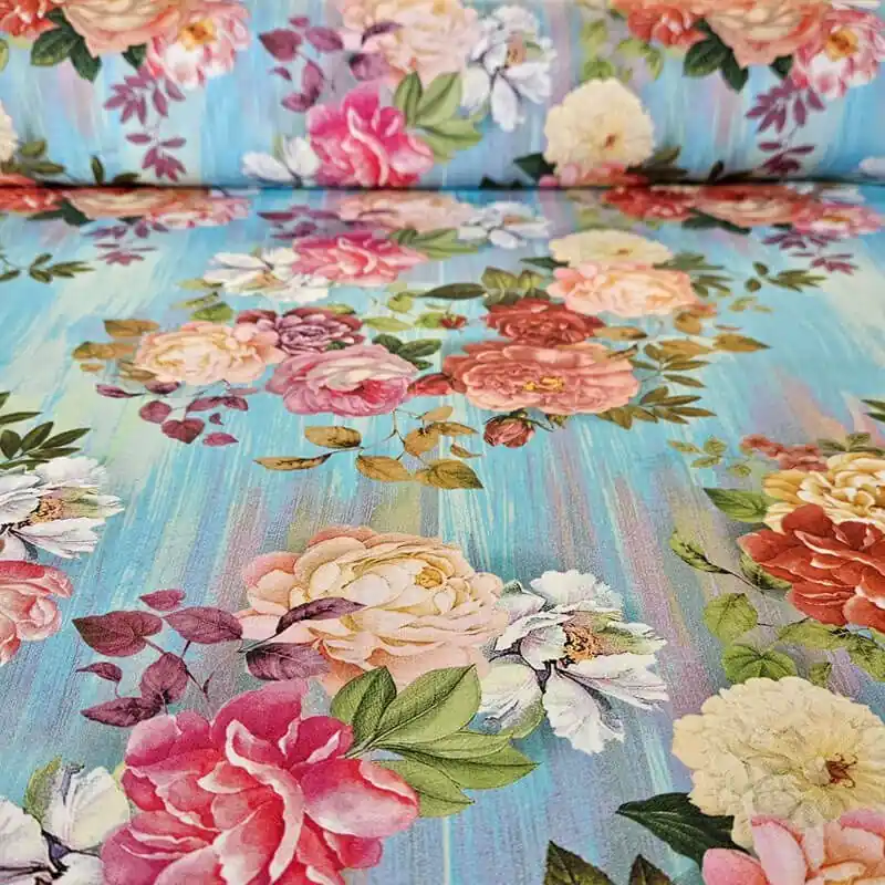 Tela de Popelín Algodón Celeste Desgastado Flores (ancho 1,50M) Compra Ahora