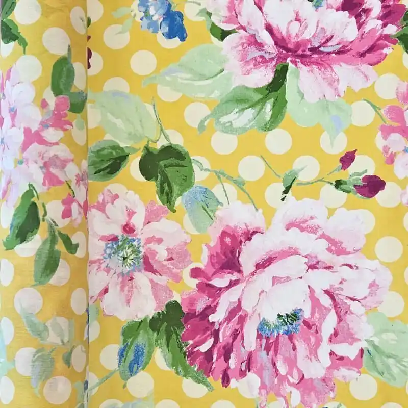 Auténtico Tela de Popelín Algodón Mostaza Lunares y Flores (ancho 1,50M)