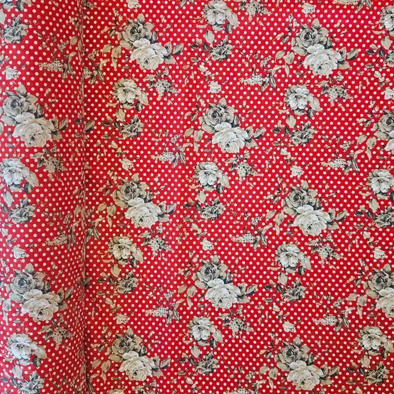 Tela de Popelín Algodón Roja Lunares y Flores (ancho 1,50M) Premium