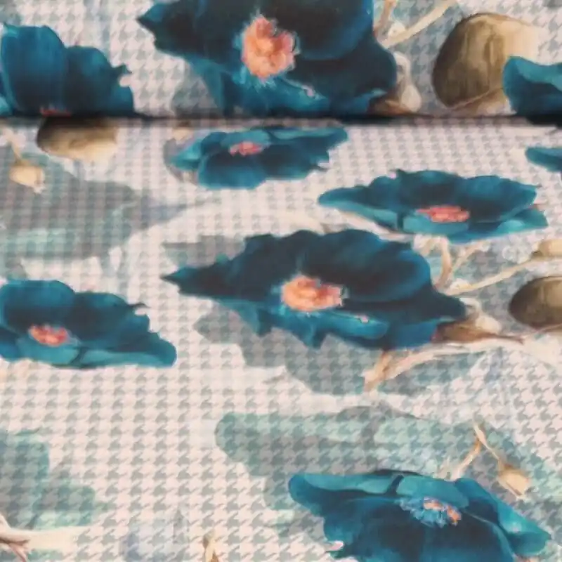 Ordenar Ahora Mismo Tela Bielástica Cruda Estampado Flores y Pata de Gallo (ancho 1,50M)