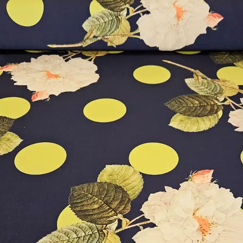 Tela de Polytecno Bielástico Azul Marino Lunares Lima y Rosas (ancho 1,50M) Pedido Al Por Mayor